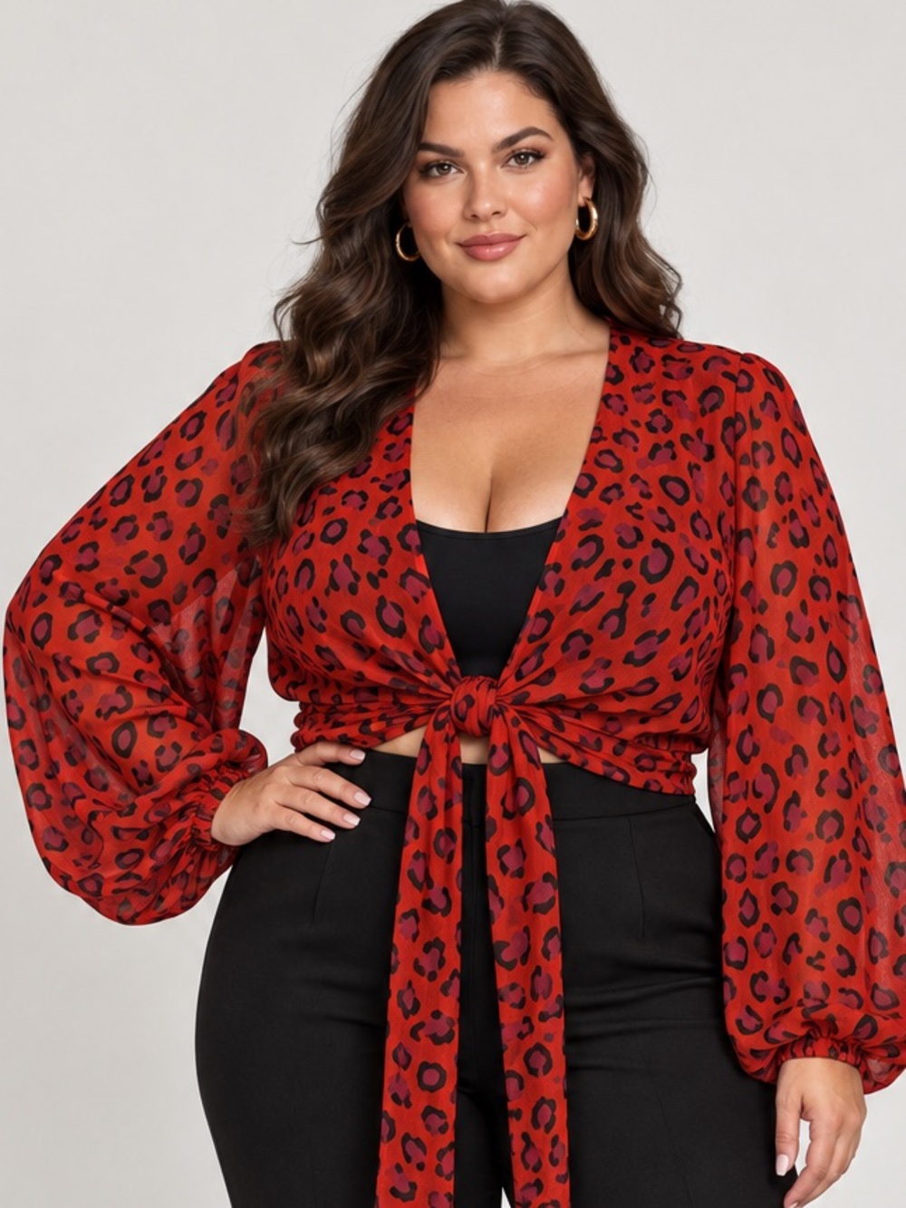 Red Leopard Tie-Front Sheer Blouse